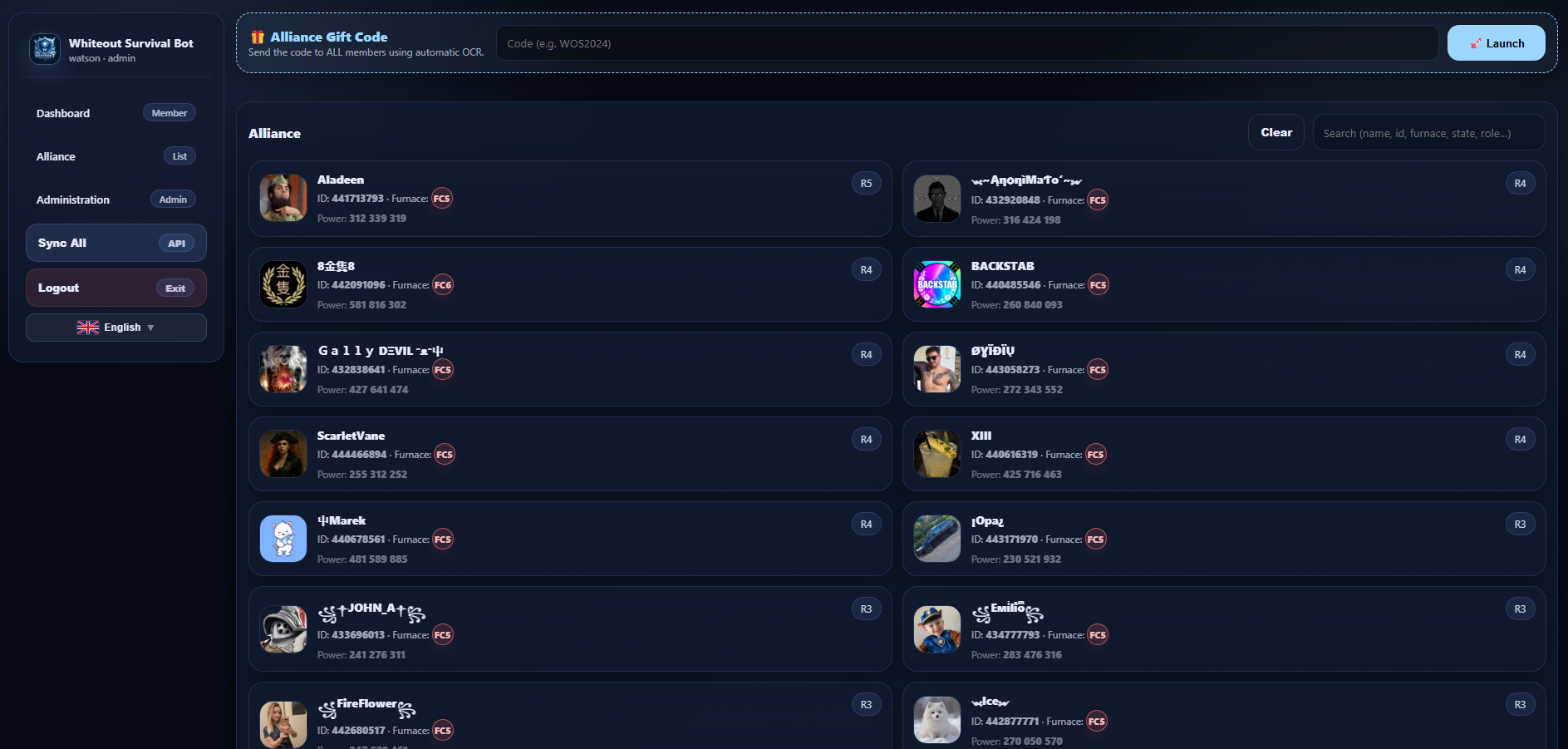 WOS alliance member tracking panel