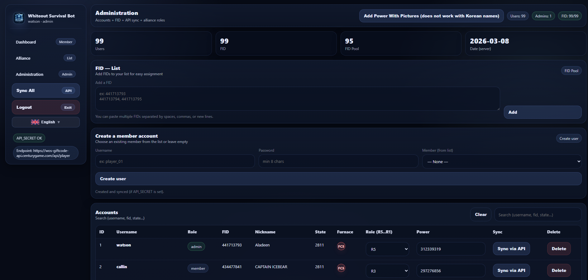 WOS web dashboard features